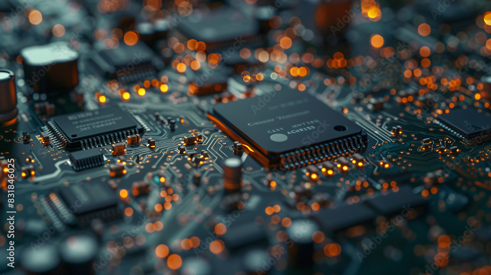 Poster close-up of circuit board with lights for technology and innovation with copy space text for technol