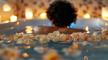 A serene image of a person enjoying a relaxing bath with essential oils and flower petals,...