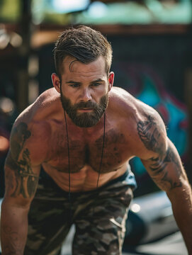 a muscular man with a beard and tattoo in military pants is doing physical exercises