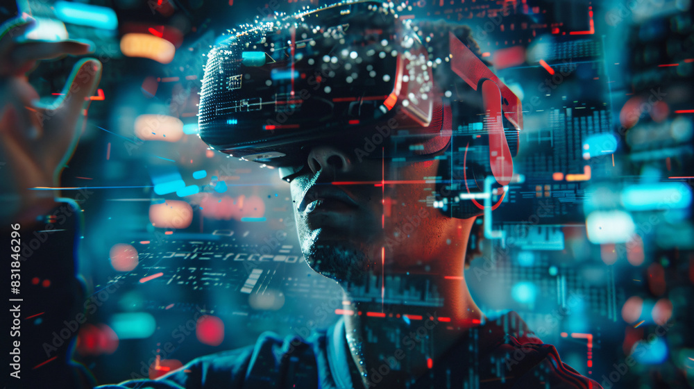 Aufkleber man wearing vr headset for technology and innovation with copy space text for technology and innovat