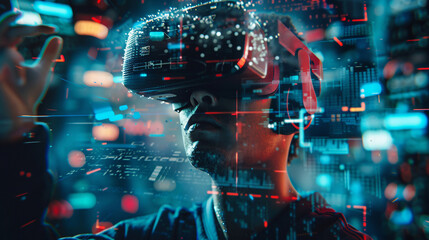 Man Wearing VR Headset for Technology and Innovation with copy space text for technology and innovation websites