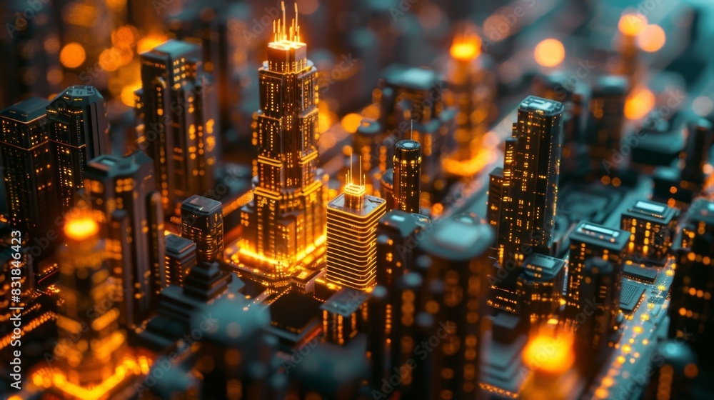 Poster a collage of blockchain structures forming an abstract city and symbolizing the disruptive power of 