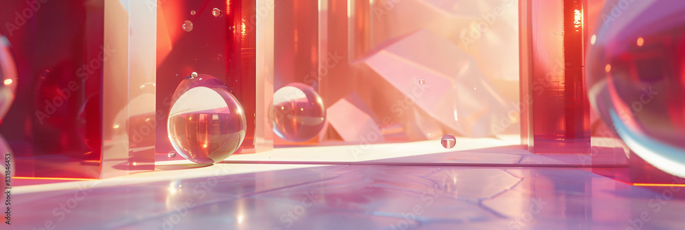 Poster abstract 3d rendering with spheres and prisms for art and design with copy space text for art and de