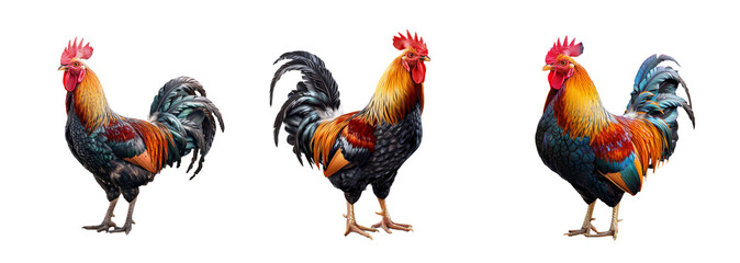 Set of rooster isolated on transparent background. Generated Ai.