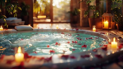 A serene spa setting with a tranquil atmosphere, featuring a luxurious jacuzzi filled with clear, bubbling water, surrounded by candles and flower petals, inviting viewers to relax