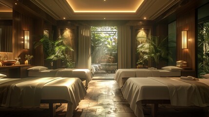 A serene spa retreat with massage tables, soft lighting, and calming music, providing a luxurious experience for relaxation and rejuvenation.
