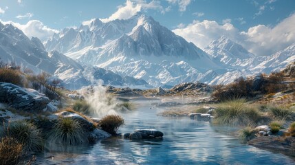 A soothing image of a hot spring with steam rising, surrounded by snow-capped mountains, conveying a sense of relaxation and rejuvenation in a natural setting. - Powered by Adobe
