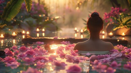 A soothing image of a person soaking in a luxurious bath filled with flower petals, surrounded by candles and soft lighting, illustrating the concept of indulgent self-care and rej