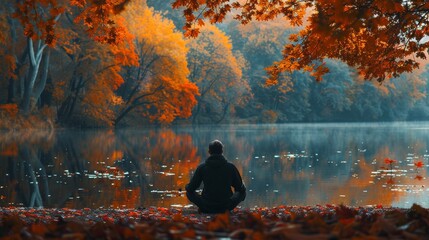 A soothing image of a person sitting by a tranquil lake, surrounded by trees with autumn leaves, reflecting the colors of the season, providing a peaceful setting for contemplation
