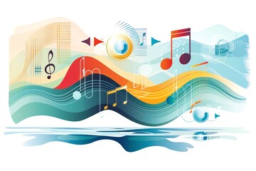 Vibrant abstract music background with colorful waves, musical notes, and symbols, perfect for creative and artistic projects.
