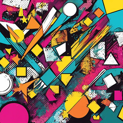 Artistic illustration. Fantasy abstraction with colored different geometric shapes in pop art style