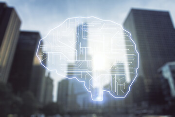 Double exposure of creative human brain microcircuit hologram on blurry cityscape background....