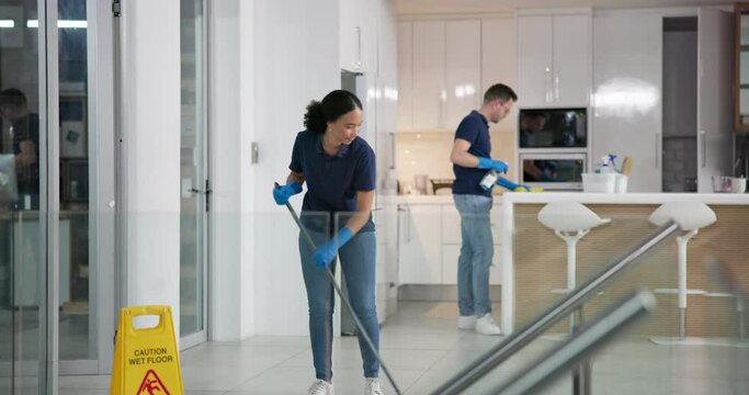 Pro, cleaning service or team in office space with floor maintenance process, protection or disinfection. Workspace, hygiene or cleaner people with mop for safety, dust or bacteria dirt prevention