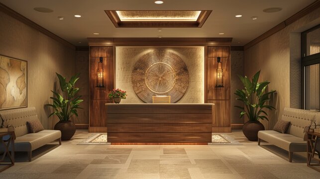 An inviting spa reception area with comfortable seating, soothing music, and a friendly receptionist, welcoming guests to experience a day of pampering and relaxation at the spa.