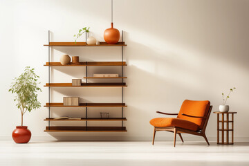 Retro orange armchair and a plant in front of a wooden shelf with books and vases on a white wall background