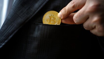Businessman Holding Bitcoin in Suit Pocket.