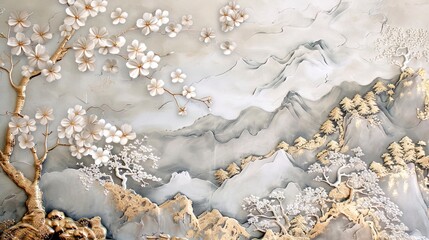 Volumetric Japanese mountain landscape with sakura trees with golden elements and flowers.