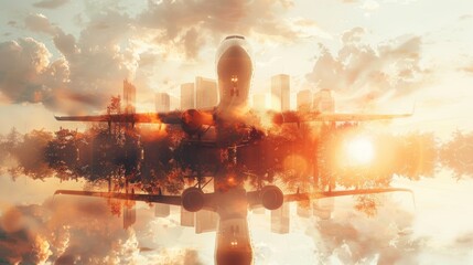 An artistic image of a plane taking off at sunset with a cityscape reflection, blending urban and aviation themes in a dreamy light setting.