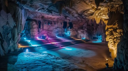 A cave music festival with stages lit by stalactites and soft, colorful lighting for a magical experience.