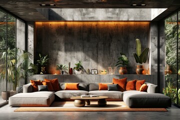 Stylish living room with gray walls, large windows, and orange accents, contemporary and cozy, featuring a perfect blend of modern and elegant design elements for a luxurious and serene experience