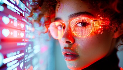 Woman with Digital Reflections on Glasses.