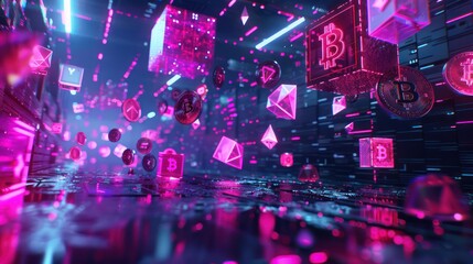 Obraz premium A vibrant 3D render of cryptocurrency icons and digital wallets floating in a digital space, with neon light effects and modern graphics adding depth and dimension. 
