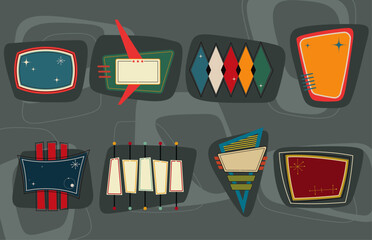 Mid Century Modern Style Emblems, Labels, Logo Templates, 1950s - 1960s Space Age Shapes and Colors,  Atomic Age Vector Objects