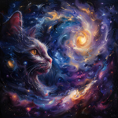 A neo classical style painting of a stoic cat with fur blend with starry galaxy