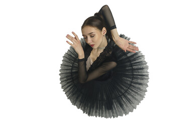 portrait of a young ballerina in a black tutu dancing with her hands moving top view, immersion in dance, isolated on transparent background, png © Alex