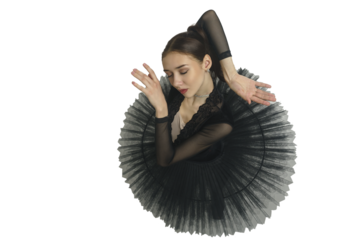 portrait of a young ballerina in a black tutu dancing with her hands moving top view, immersion in dance, isolated on transparent background, png