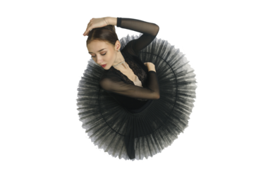 portrait of a young ballerina in a black tutu dancing with her hands moving top view, immersion in dance, isolated on transparent background, png
