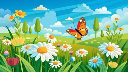 meadow with flowers and butterflies