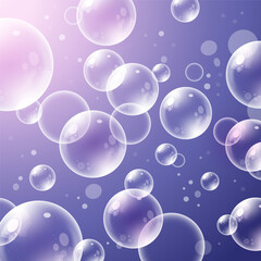 Abstract purple bubbles background. Transparent realistic soap bubble backdrop