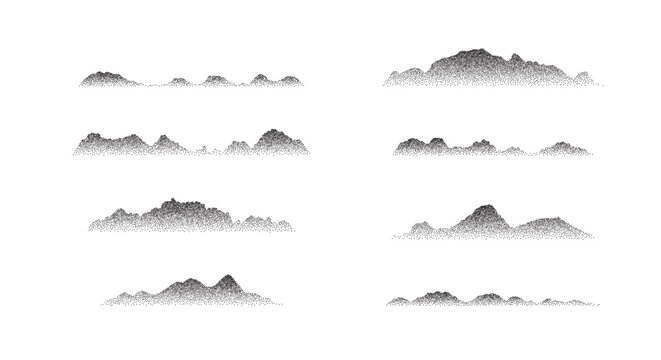 Dotted mountains silhouette set. Hill and rock nature landscape dotwork