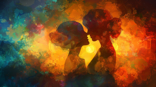 A heartwarming digital artwork showing an abstract silhouette of a woman and girl sharing a hug, symbolizing familial love and affection.