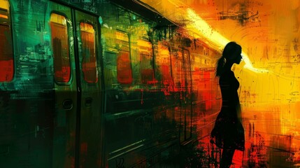 Experience the excitement of travel with this abstract silhouette of a woman boarding a train in a digital art piece.