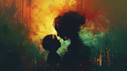 Digital creation depicting maternal love as a woman comforts a child in an abstract silhouette.