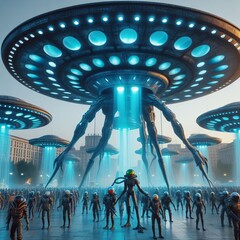 An alien invasion scene in a city square, with UFO replicas, ali