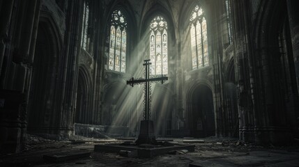 Ancient Cross in Dark Abandoned Cathedral
