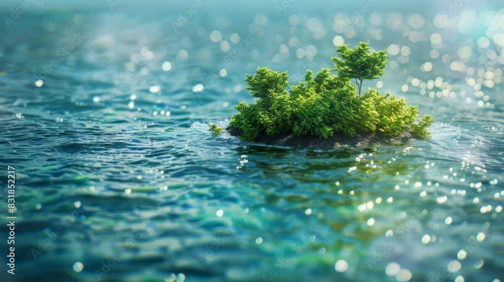 Aufkleber an isolated island surrounded by polluted waters representing the threat of environmental exploitati
