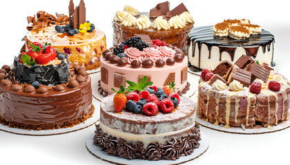 variety of cakes on the table isolated on white background