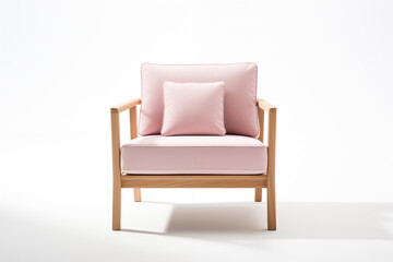 Minimalistic pink armchair with wooden legs and a pink cushion on a white background