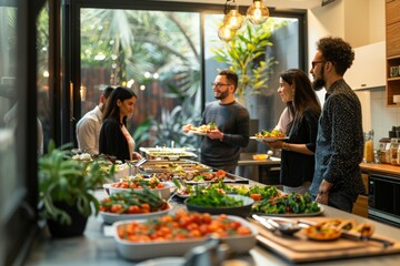 A group of people are gathered around a buffet table filled with food