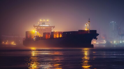 An atmospheric photo of a container cargo freight ship illuminated by the glow of city lights at night, symbolizing the continuous flow of global trade. 