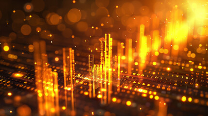 A stylized depiction of financial charts in gold tones, overlaid with a soft bokeh light effect, representing economic growth and investment