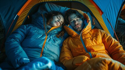 A couple sleeping in their tent at night, wearing orange and blue down jackets, camping style photography, in the style of professional color grading