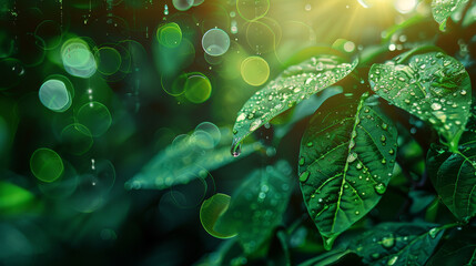 Abstract patterns of nature elements like leaves and water droplets combined with business icons and bokeh lights, highlighting the importance of green business solutions