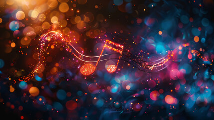 Abstract music notes intertwined with colorful bokeh lights on a dark background, creating a vibrant and dynamic composition