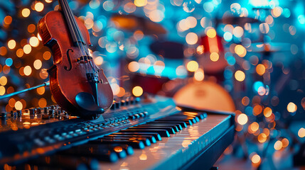 A stylized depiction of musical instruments surrounded by soft bokeh lights, blending abstract shapes and glowing colors