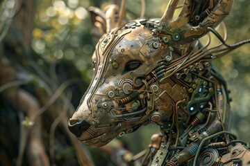 Visualize a sculpture of a wildlife preserve where all animals are biomechanical beings with intricate circuitry